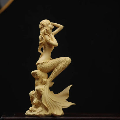 Boxwood 15cm 19cm Mermaid Sculpture Living Room Decoration Sea Beauty Figure Wood Statue Mermaid Home Decor