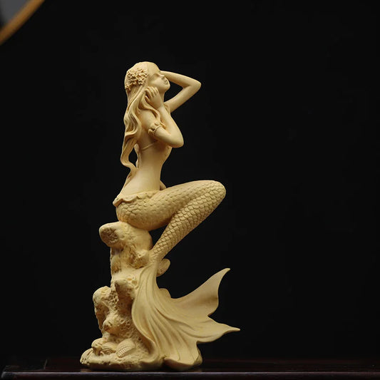 Boxwood 15cm 19cm Mermaid Sculpture Living Room Decoration Sea Beauty Figure Wood Statue Mermaid Home Decor