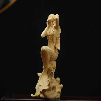 Boxwood 15cm 19cm Mermaid Sculpture Living Room Decoration Sea Beauty Figure Wood Statue Mermaid Home Decor