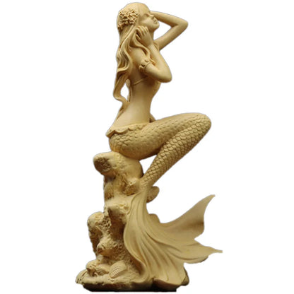 Boxwood 15cm 19cm Mermaid Sculpture Living Room Decoration Sea Beauty Figure Wood Statue Mermaid Home Decor