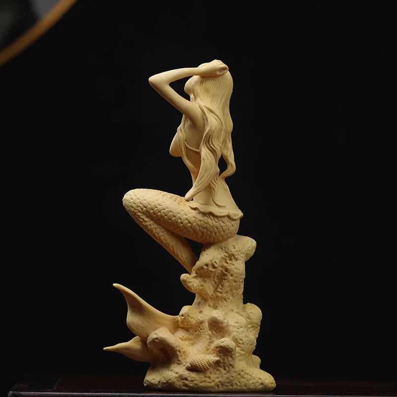 Boxwood 15cm 19cm Mermaid Sculpture Living Room Decoration Sea Beauty Figure Wood Statue Mermaid Home Decor