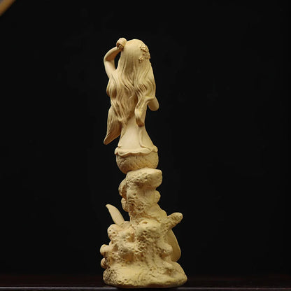 Boxwood 15cm 19cm Mermaid Sculpture Living Room Decoration Sea Beauty Figure Wood Statue Mermaid Home Decor