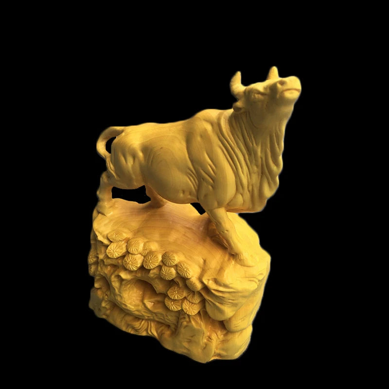 Boxwood 15cm Bull Sculpture Chinese Zodiac Wood Carving Ox Animal Statue Lucky Rich Cattle Home Decor