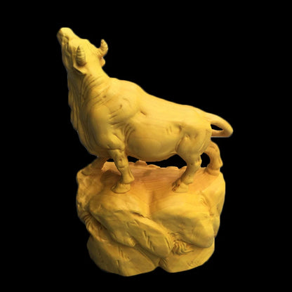 Boxwood 15cm Bull Sculpture Chinese Zodiac Wood Carving Ox Animal Statue Lucky Rich Cattle Home Decor