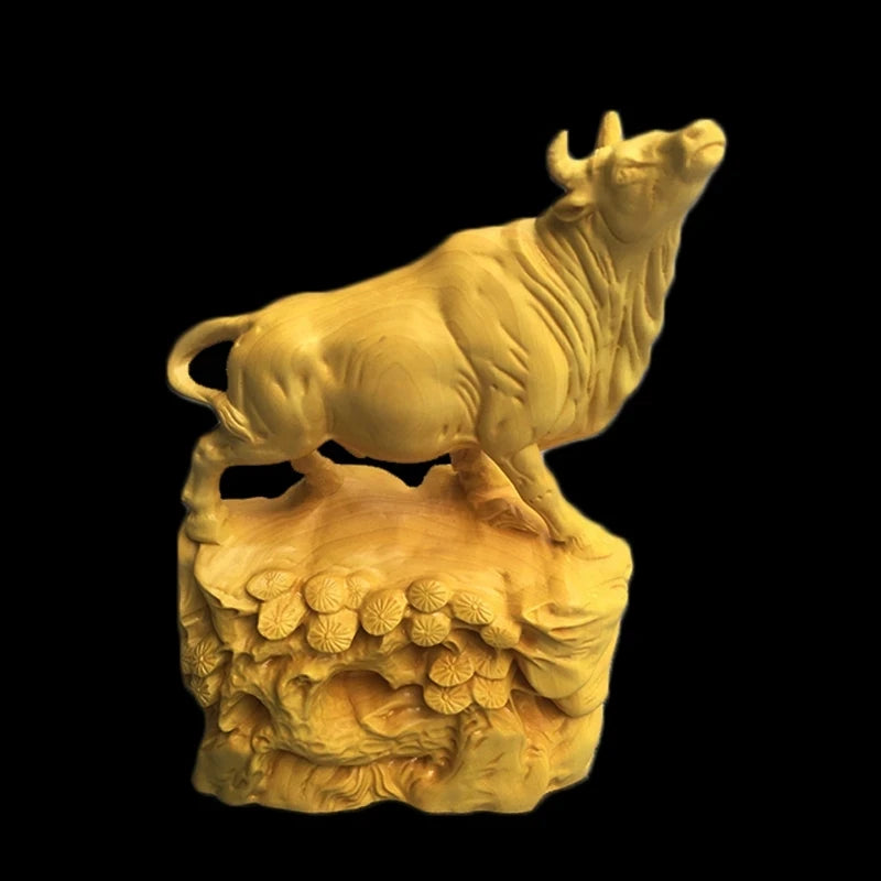Boxwood 15cm Bull Sculpture Chinese Zodiac Wood Carving Ox Animal Statue Lucky Rich Cattle Home Decor