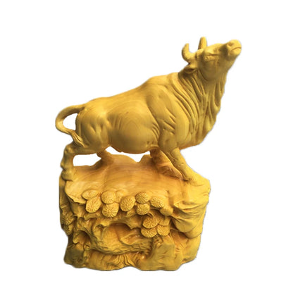 Boxwood 15cm Bull Sculpture Chinese Zodiac Wood Carving Ox Animal Statue Lucky Rich Cattle Home Decor