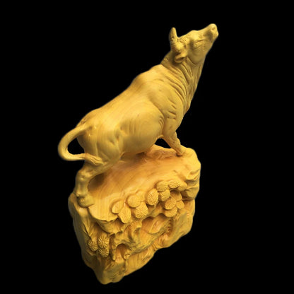 Boxwood 15cm Bull Sculpture Chinese Zodiac Wood Carving Ox Animal Statue Lucky Rich Cattle Home Decor