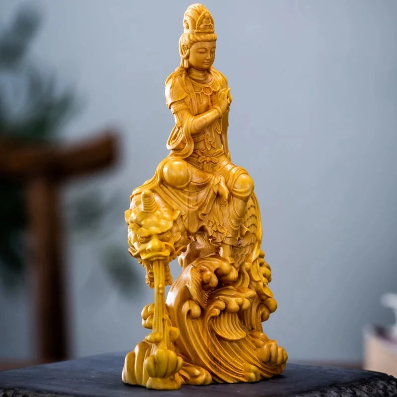 Boxwood 15cm Guan Yin Sculpture Wood Buddha Statue Dragon Guanyin Bodhisattva Prayer Feng Shui Home Decor