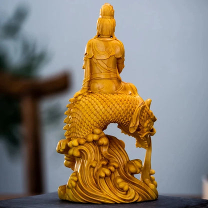 Boxwood 15cm Guan Yin Sculpture Wood Buddha Statue Dragon Guanyin Bodhisattva Prayer Feng Shui Home Decor
