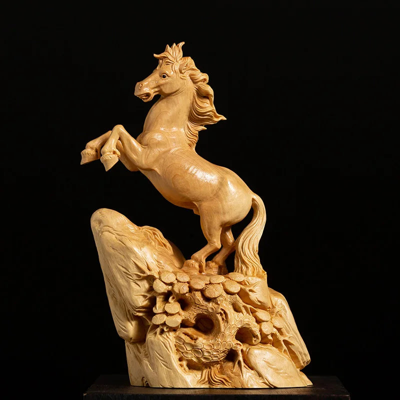 Boxwood 15cm Horse Sculpture Wood Animal Statue Chinese Zodiac Lucky Rich Home Decor