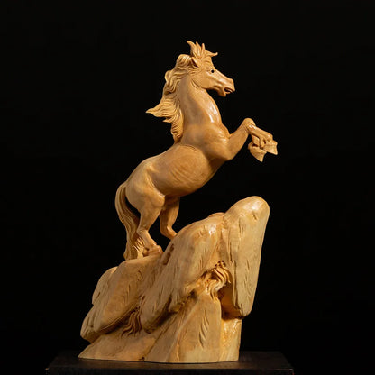 Boxwood 15cm Horse Sculpture Wood Animal Statue Chinese Zodiac Lucky Rich Home Decor