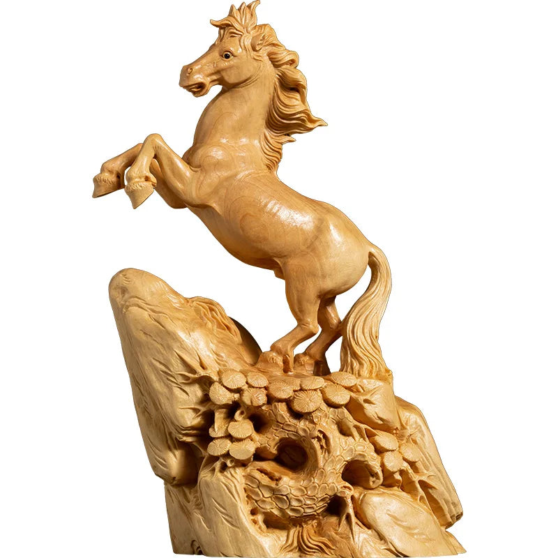 Boxwood 15cm Horse Sculpture Wood Animal Statue Chinese Zodiac Lucky Rich Home Decor