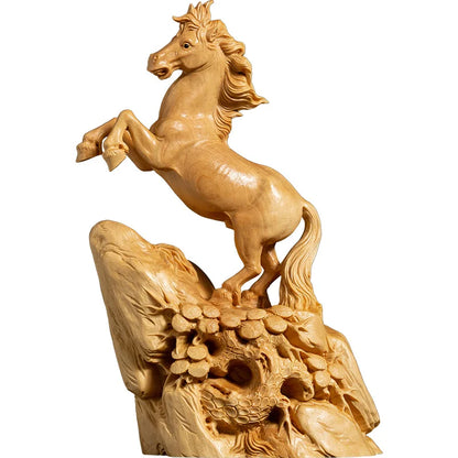 Boxwood 15cm Horse Sculpture Wood Animal Statue Chinese Zodiac Lucky Rich Home Decor