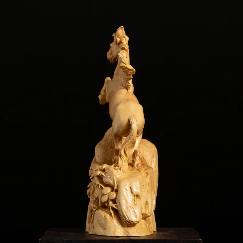 Boxwood 15cm Horse Sculpture Wood Animal Statue Chinese Zodiac Lucky Rich Home Decor