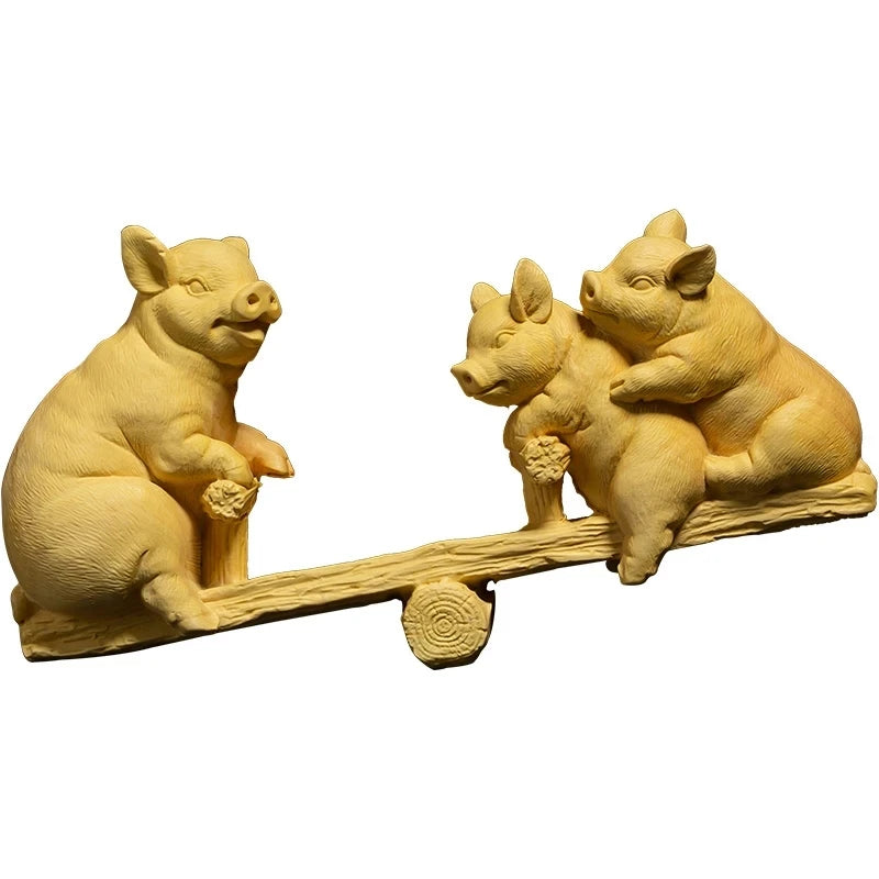 Boxwood 15cm Piggy Sculpture Lucky Wood Animal Statue Three Pigs Playing on Seesaw Home Decor