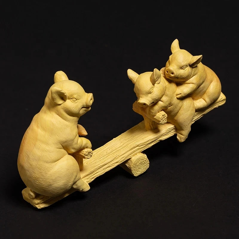 Boxwood 15cm Piggy Sculpture Lucky Wood Animal Statue Three Pigs Playing on Seesaw Home Decor