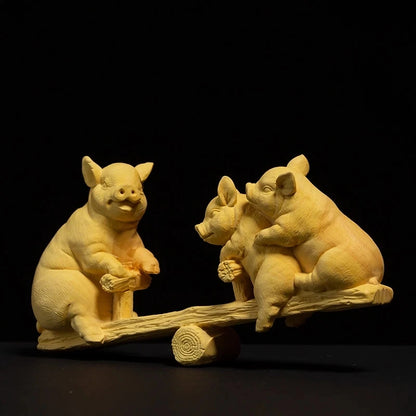 Boxwood 15cm Piggy Sculpture Lucky Wood Animal Statue Three Pigs Playing on Seesaw Home Decor