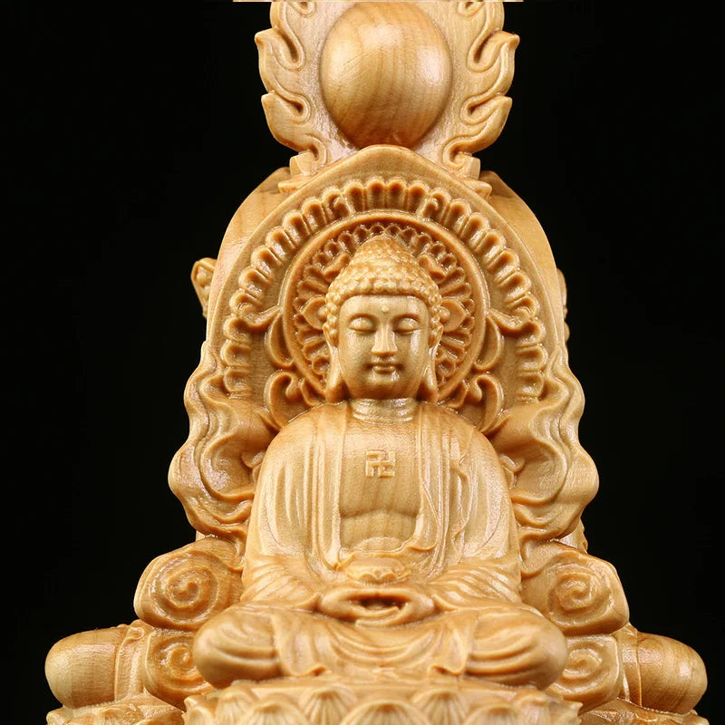 Boxwood 15cm Three Buddha Sculpture Shakyamuni Guanyin Ksitigarbha Wood Statue Guan Yin Worship Home Decor