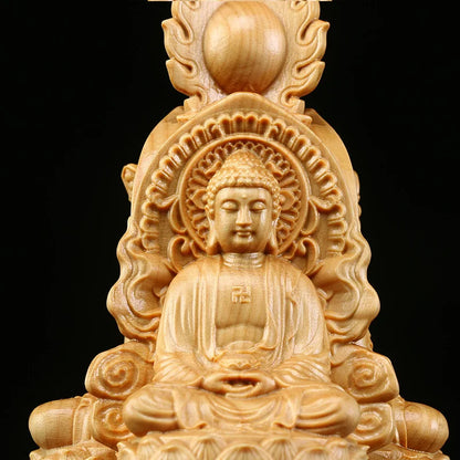 Boxwood 15cm Three Buddha Sculpture Shakyamuni Guanyin Ksitigarbha Wood Statue Guan Yin Worship Home Decor