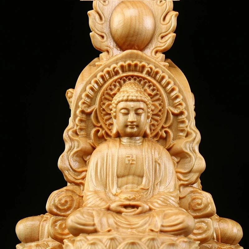Boxwood 15cm Three Buddha Sculpture Shakyamuni Guanyin Ksitigarbha Wood Statue Guan Yin Worship Home Decor