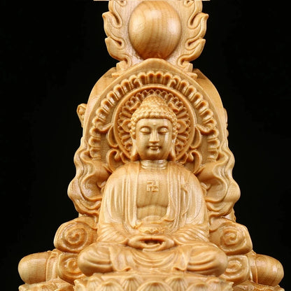 Boxwood 15cm Three Buddha Sculpture Shakyamuni Guanyin Ksitigarbha Wood Statue Guan Yin Worship Home Decor
