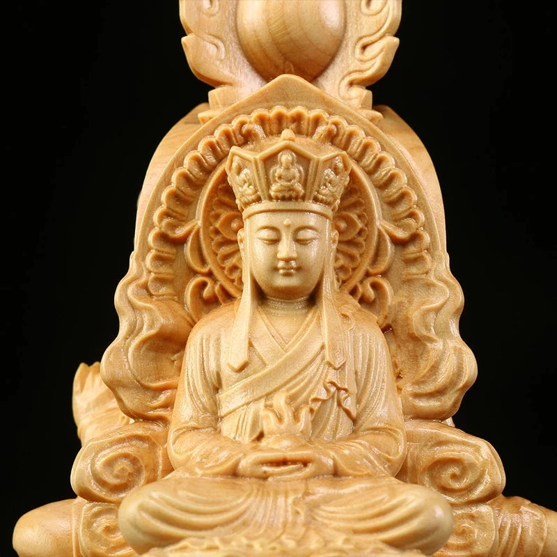 Boxwood 15cm Three Buddha Sculpture Shakyamuni Guanyin Ksitigarbha Wood Statue Guan Yin Worship Home Decor