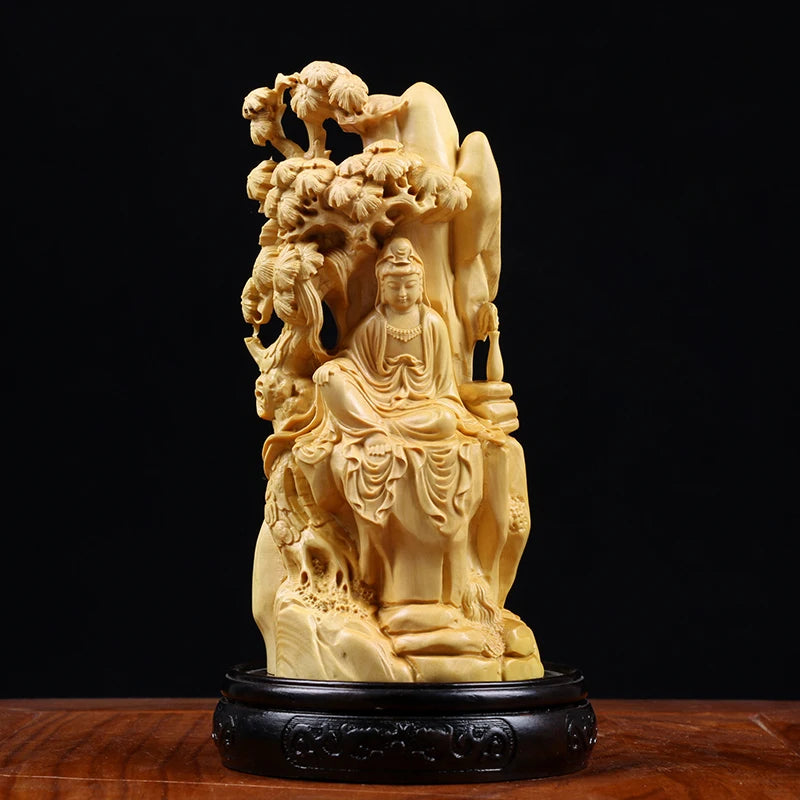 Boxwood 16cm Guanyin Sculpture Wood Carving Buddha Statue Guan Yin Home Decor