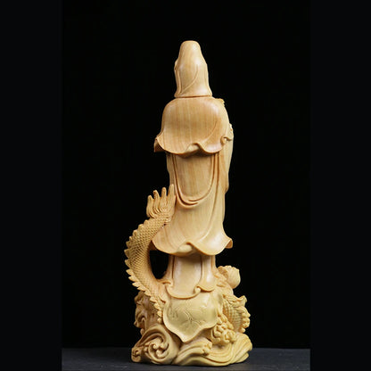 Boxwood 16cm Guanyin Sculpture Wood Carving Buddha Statue Worship Guan Yin with Dragon Home Decor
