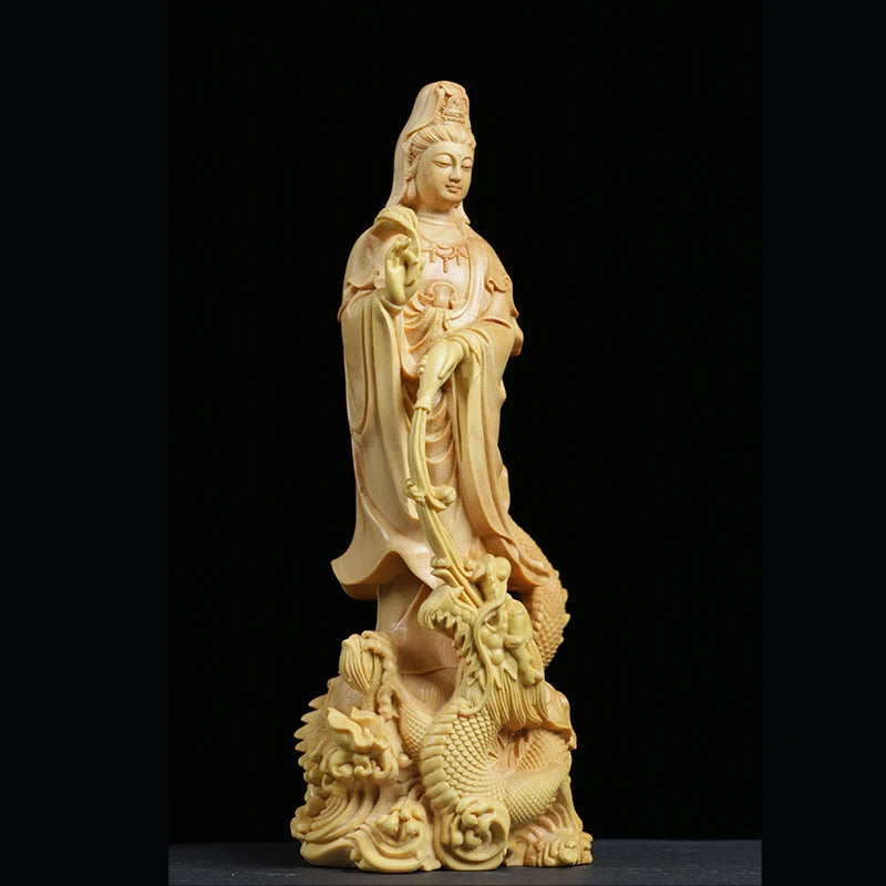 Boxwood 16cm Guanyin Sculpture Wood Carving Buddha Statue Worship Guan Yin with Dragon Home Decor