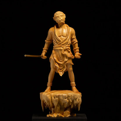 Boxwood 17CM Monkey King Sculpture Wood Sun Wukong Buddha Statue Myths Feng Shui Home Decor