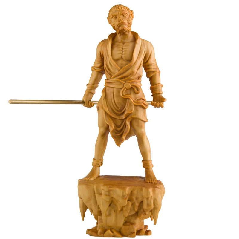 Boxwood 17CM Monkey King Sculpture Wood Sun Wukong Buddha Statue Myths Feng Shui Home Decor