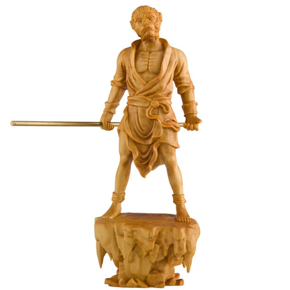 Boxwood 17CM Monkey King Sculpture Wood Sun Wukong Buddha Statue Myths Feng Shui Home Decor