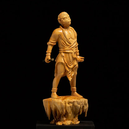 Boxwood 17CM Monkey King Sculpture Wood Sun Wukong Buddha Statue Myths Feng Shui Home Decor