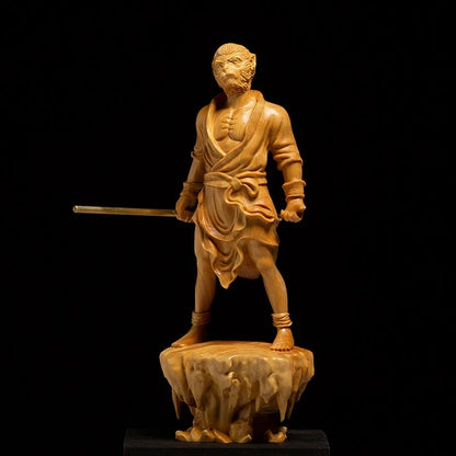 Boxwood 17CM Monkey King Sculpture Wood Sun Wukong Buddha Statue Myths Feng Shui Home Decor