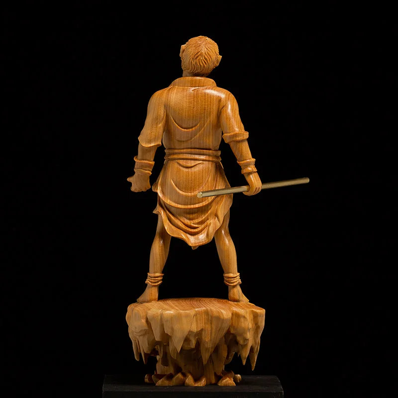 Boxwood 17CM Monkey King Sculpture Wood Sun Wukong Buddha Statue Myths Feng Shui Home Decor