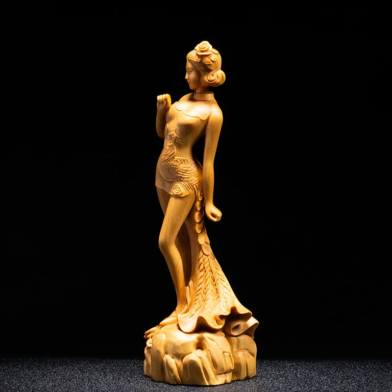 Boxwood 17cm Beauty Sculpture Chinese Traditional Wood Carving Wood Girl Statue Home Decor