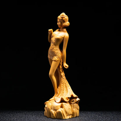 Boxwood 17cm Beauty Sculpture Chinese Traditional Wood Carving Wood Girl Statue Home Decor