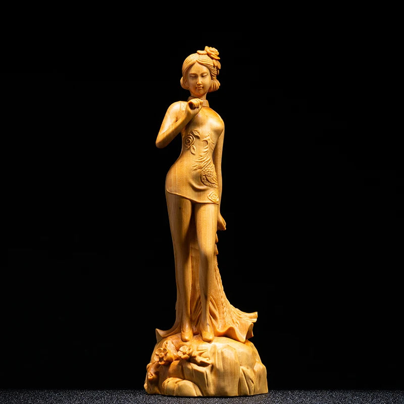 Boxwood 17cm Beauty Sculpture Chinese Traditional Wood Carving Wood Girl Statue Home Decor