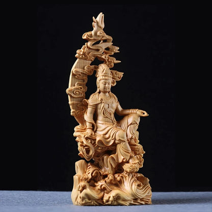Boxwood 17cm Guanyin Sculpture Wood Goddess of Mercy Buddha Statue Moon Guan Yin Home Decor