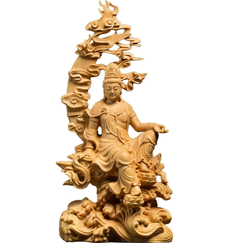 Boxwood 17cm Guanyin Sculpture Wood Goddess of Mercy Buddha Statue Moon Guan Yin Home Decor