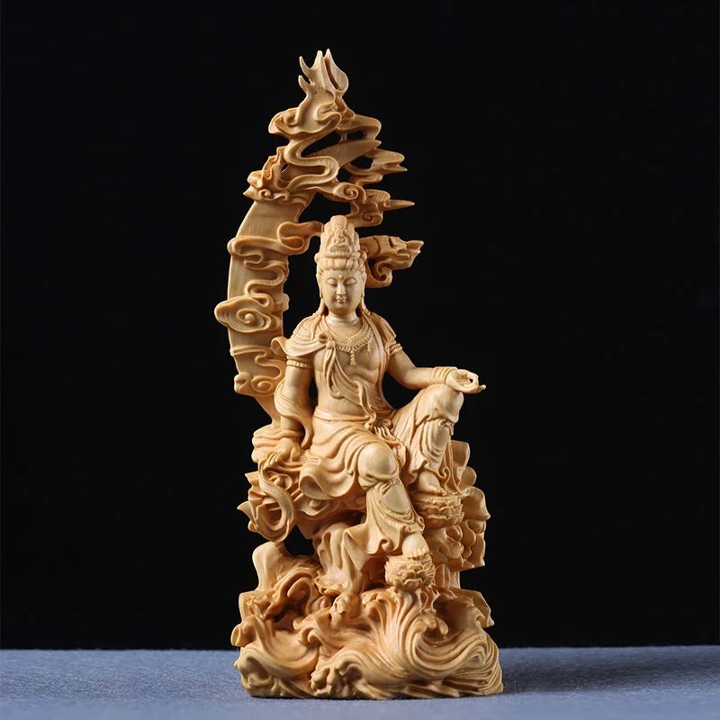 Boxwood 17cm Guanyin Sculpture Wood Goddess of Mercy Buddha Statue Moon Guan Yin Home Decor