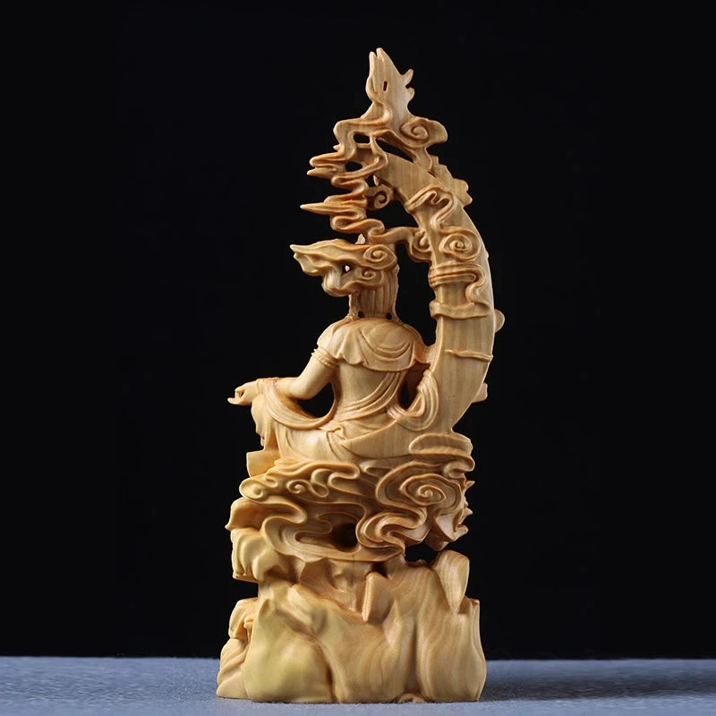 Boxwood 17cm Guanyin Sculpture Wood Goddess of Mercy Buddha Statue Moon Guan Yin Home Decor