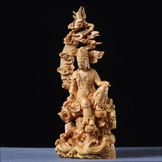 Boxwood 17cm Guanyin Sculpture Wood Goddess of Mercy Buddha Statue Moon Guan Yin Home Decor