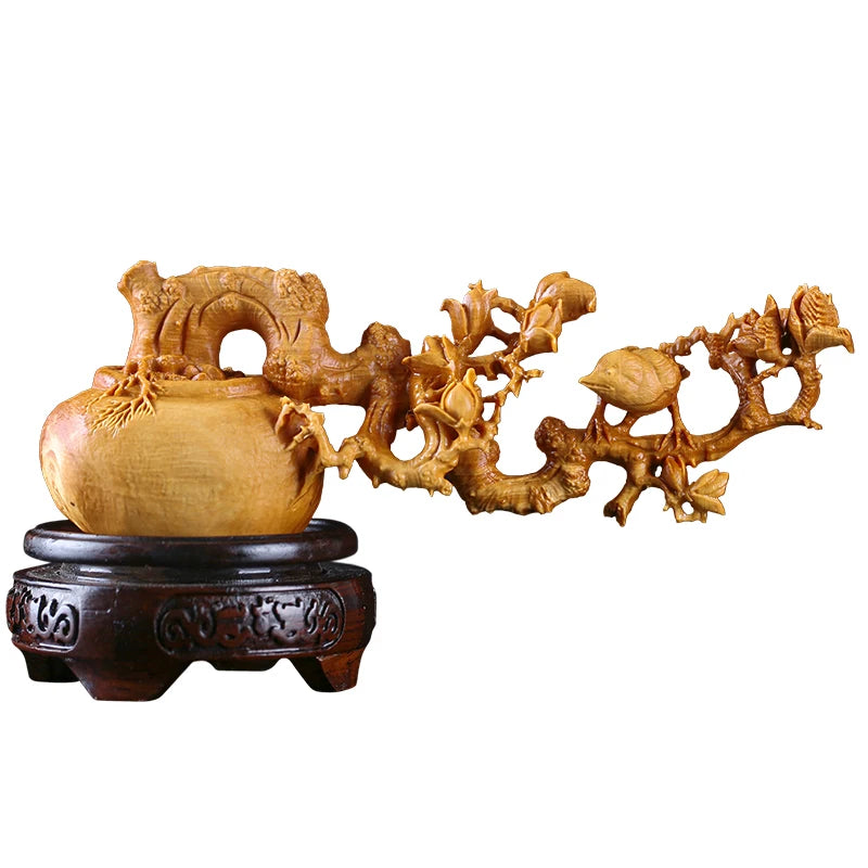 Boxwood 17cm Magpie Sculpture Wood Table Collection Landscape Flowers and Birds Statue Animal Home Decor