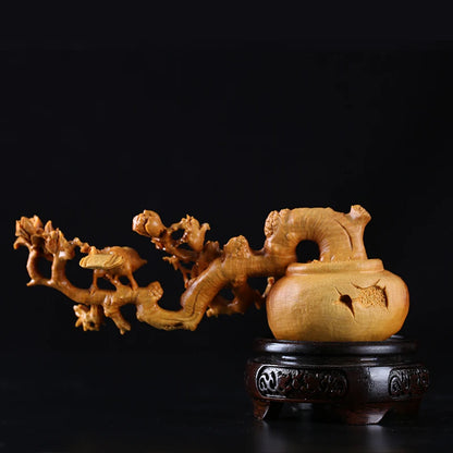 Boxwood 17cm Magpie Sculpture Wood Table Collection Landscape Flowers and Birds Statue Animal Home Decor