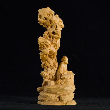 Boxwood 17cm Soulmate Sculpture Wood Carving Guzheng Zen High Mountain, Flowing Streams Statue Home Decor