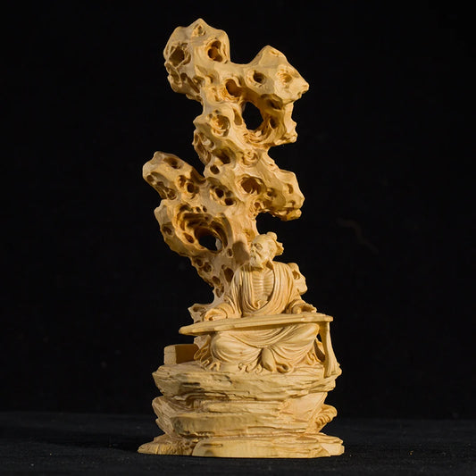 Boxwood 17cm Soulmate Sculpture Wood Carving Guzheng Zen High Mountain, Flowing Streams Statue Home Decor