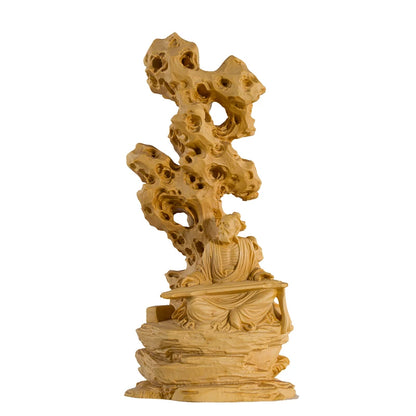 Boxwood 17cm Soulmate Sculpture Wood Carving Guzheng Zen High Mountain, Flowing Streams Statue Home Decor