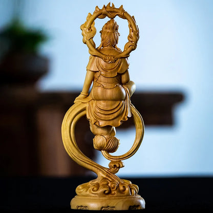 Boxwood 18.5cm Flame Guanyin Sculpture Wood Carving Buddha Statue Peaceful Worship Feng Shui Guan Yin Home Decor