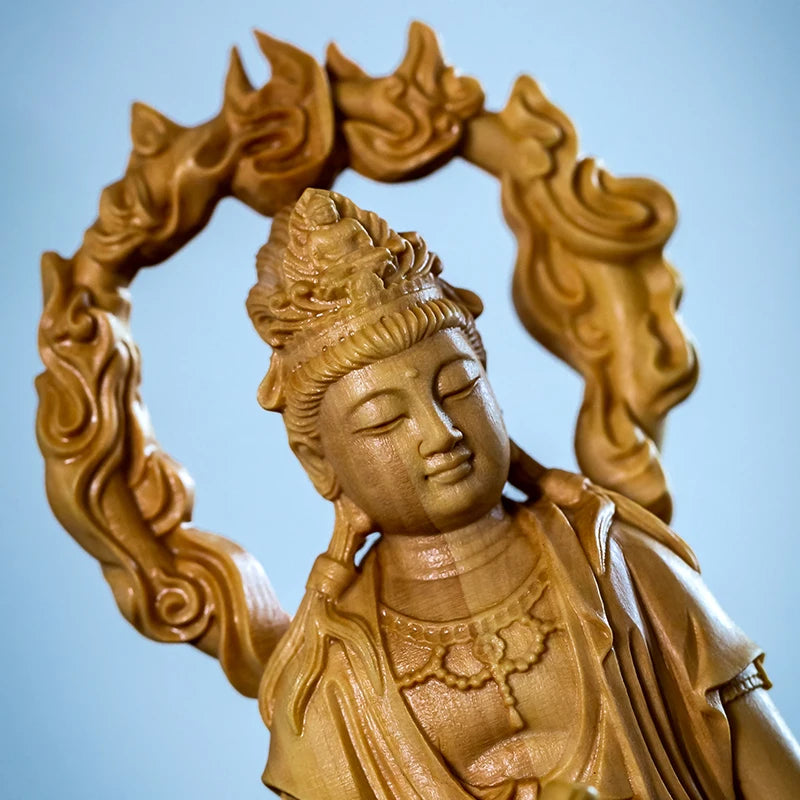 Boxwood 18.5cm Flame Guanyin Sculpture Wood Carving Buddha Statue Peaceful Worship Feng Shui Guan Yin Home Decor